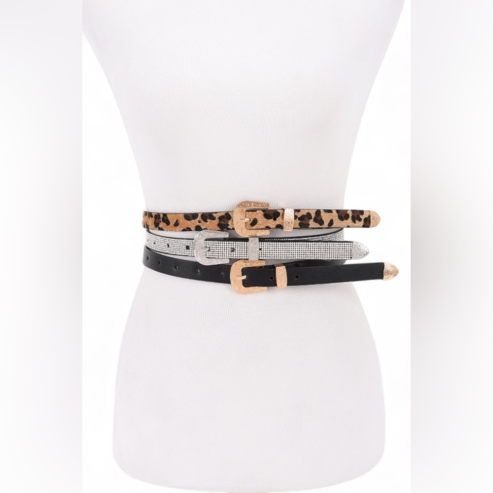 3 PC Vegan Suede Skinny Animal Print Statement Belt Set